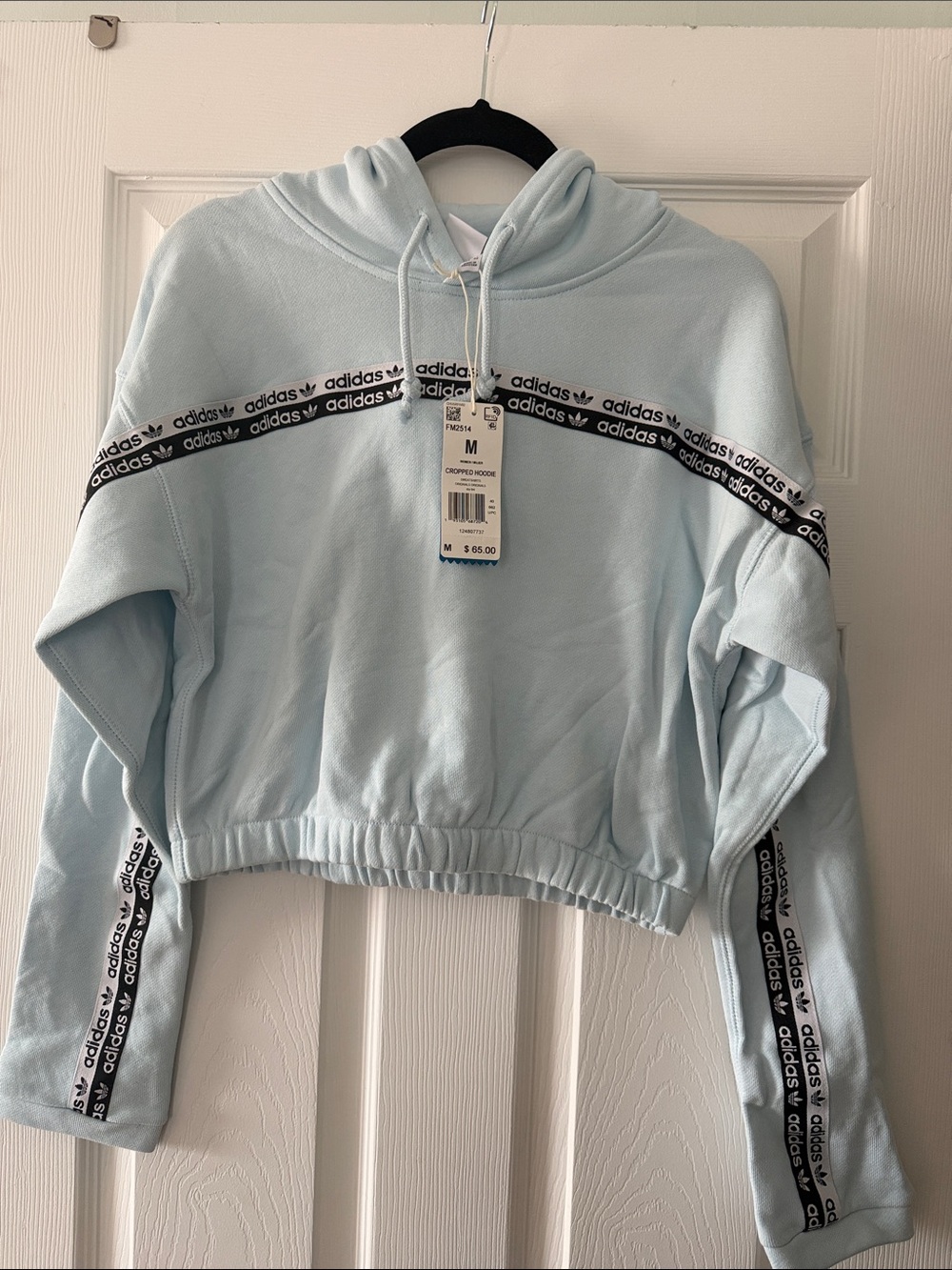 adidas Light Blue Cropped Hoodie with Logo Tape